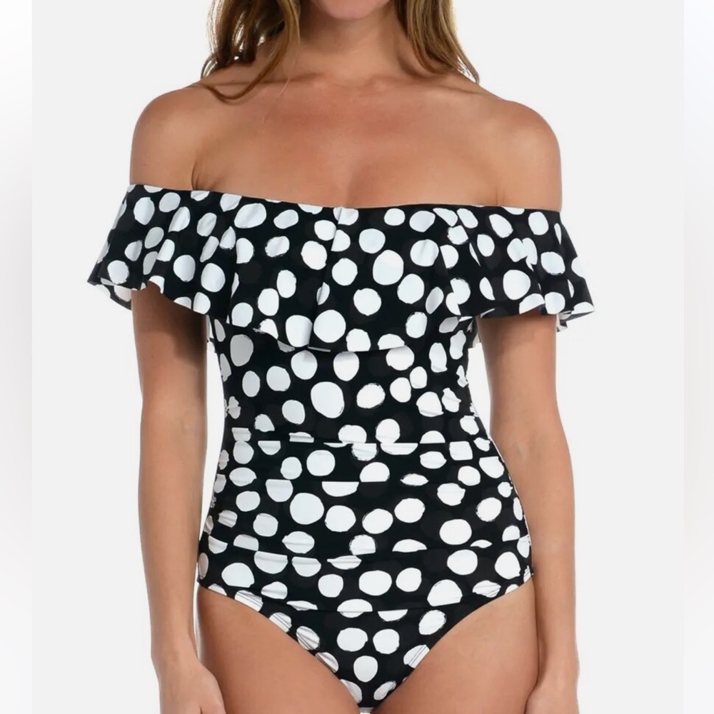 La Blanca Off-Shoulder Black and White Polka Dot Swimsuit 12